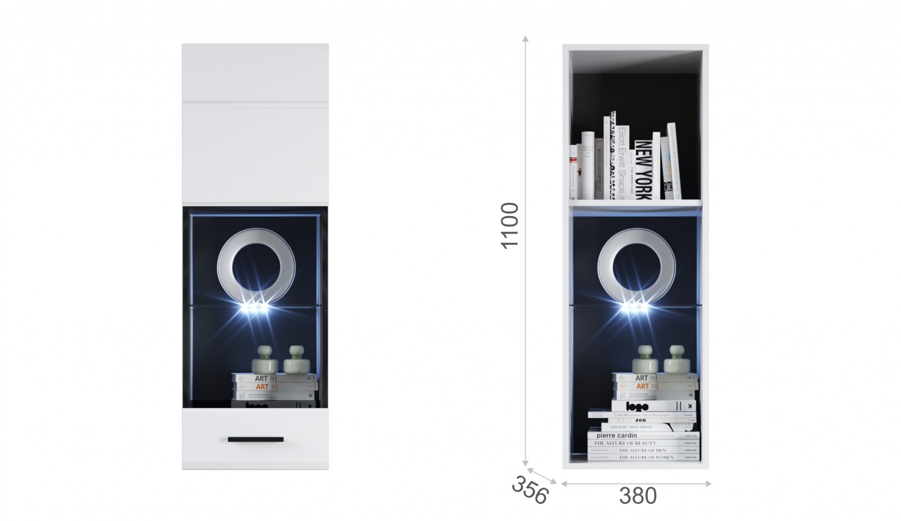 Пенал-витрина навесная (01) ЛВ Йорк (Белый/Белый глянец)