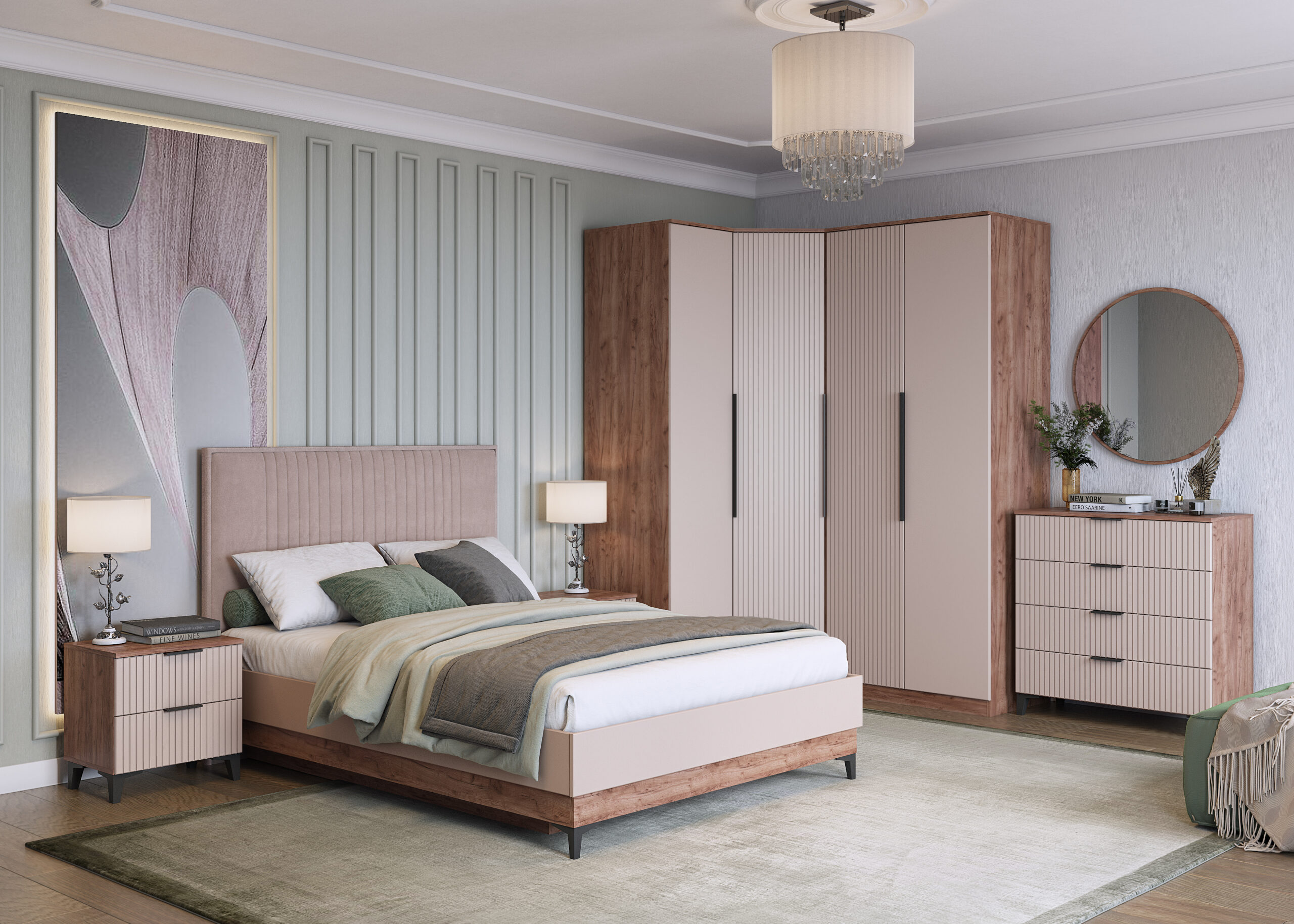 Кровать Тоскана Люкс с мягкой спинкой и подъемным механизмом (Дуб табачный/бисквит)