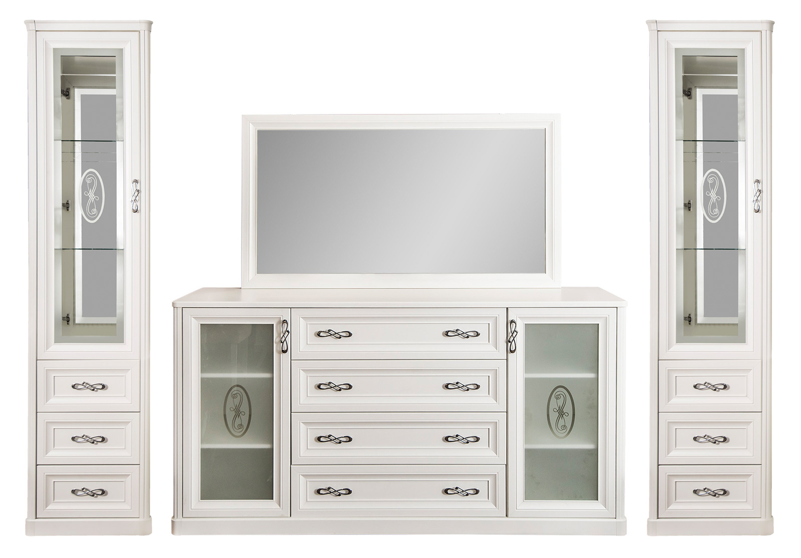 Гостиная Мишель 1+комод+зеркало+1 (Белый матовый)