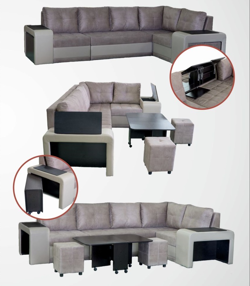 Диван угловой Квадро-2 с баром, с пуфиками и столиком в подлокотниках (Джес 33)